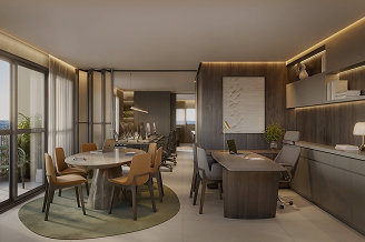 Sala comercial decorada do Etéra Work, com mesa de reunião e estações de trabalho